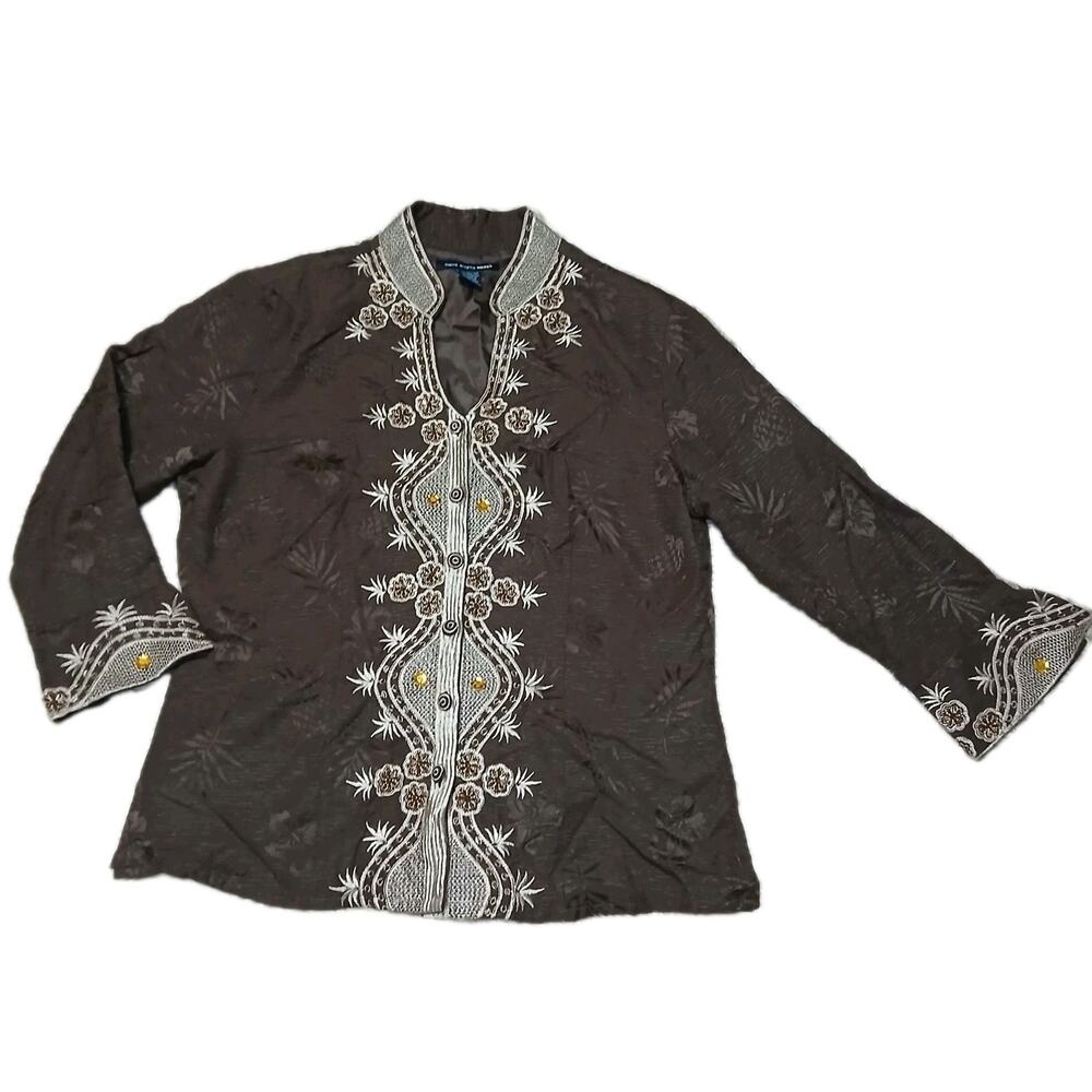 Saint Tropez West‎ 100% Silk Embroidered Tunic Top L Brown Beaded Boho Ethnic